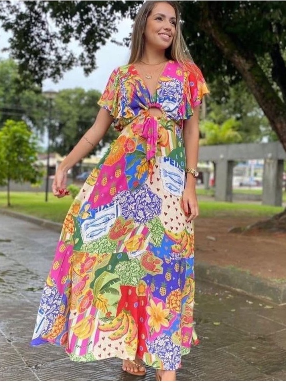 FARM Rio Multicolor Floral Patchwork High-Low Maxi Dress